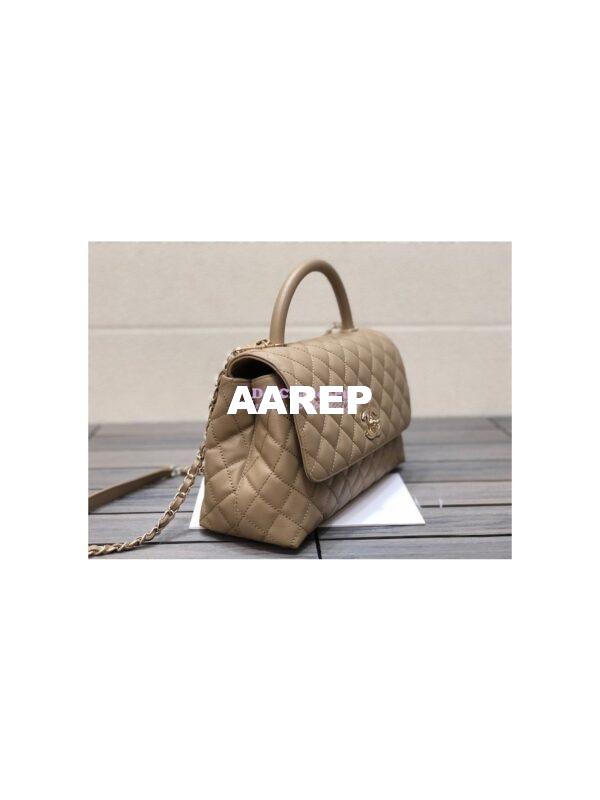 Replica Chanel Coco Handle Bag in Caviar with Edge Stitching 92990 92991 in Light Gold Hardware Dark Beige 12