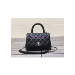 Replica Chanel Mini Coco Handle Bag in Caviar with Edge Stitching AS2215 in Light Gold Hardware Black
