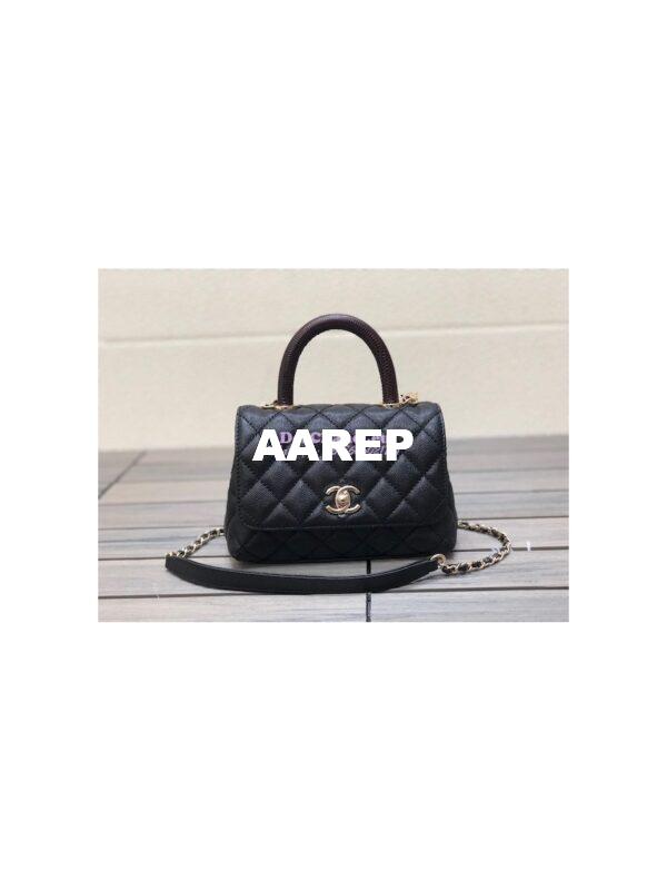 Replica Chanel Mini Coco Handle Bag in Caviar with Edge Stitching AS2215 in Light Gold Hardware Black 3
