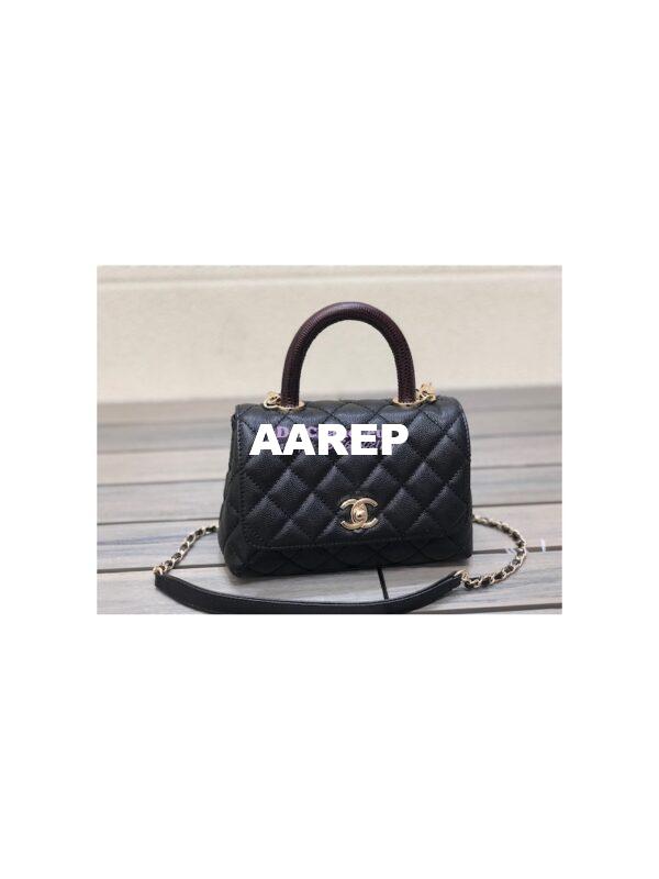 Replica Chanel Mini Coco Handle Bag in Caviar with Edge Stitching AS2215 in Light Gold Hardware Black 4