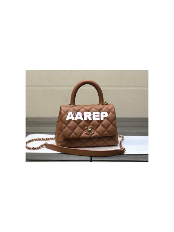 Replica Chanel Mini Coco Handle Bag in Grained Calfskin with Shining Gold Hardware AS2215 Brown