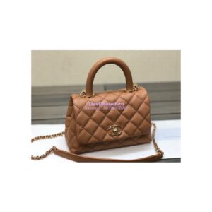 Replica Chanel Mini Coco Handle Bag in Grained Calfskin with Shining Gold Hardware AS2215 Brown 2