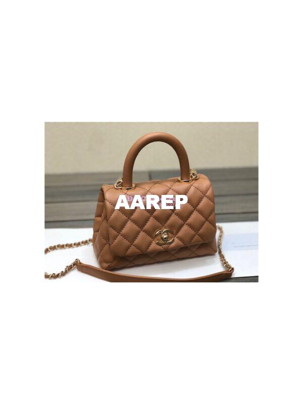 Replica Chanel Mini Coco Handle Bag in Grained Calfskin with Shining Gold Hardware AS2215 Brown 2