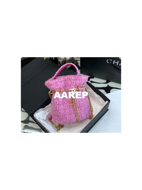 Replica Chanel 22SS Pink Tweed Small Bucket Bag Enamel CC AS3116 Limited Edition 3