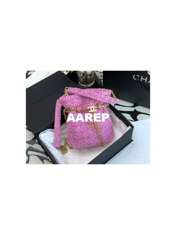 Replica Chanel 22SS Pink Tweed Small Bucket Bag Enamel CC AS3116 Limited Edition 4