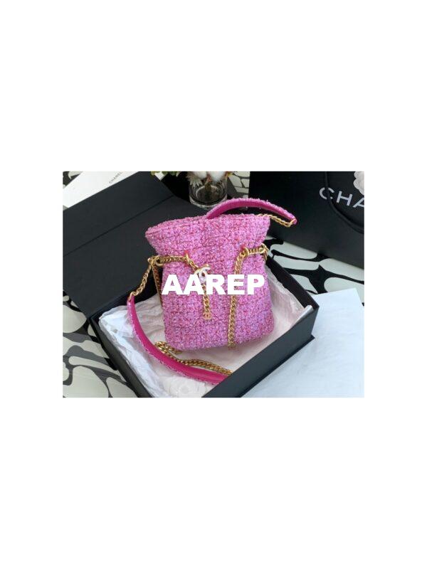 Replica Chanel 22SS Pink Tweed Small Bucket Bag Enamel CC AS3116 Limited Edition 5