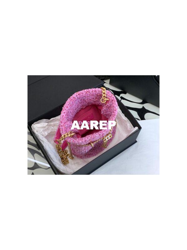 Replica Chanel 22SS Pink Tweed Small Bucket Bag Enamel CC AS3116 Limited Edition 8