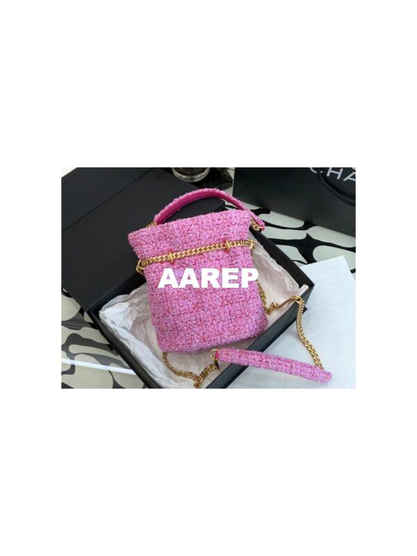 Replica Chanel 22SS Pink Tweed Small Bucket Bag Enamel CC AS3116 Limited Edition 9