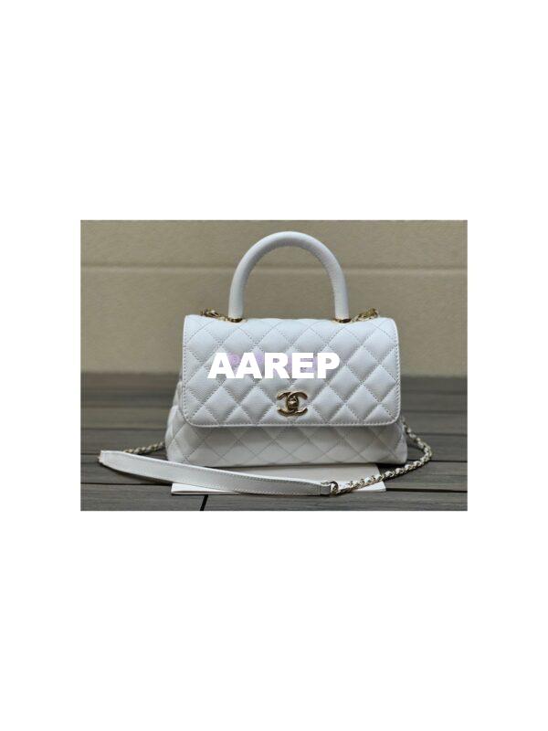 Replica Chanel Coco Handle Bag in Caviar with Edge Stitching 92990 92991 in Light Gold Hardware White