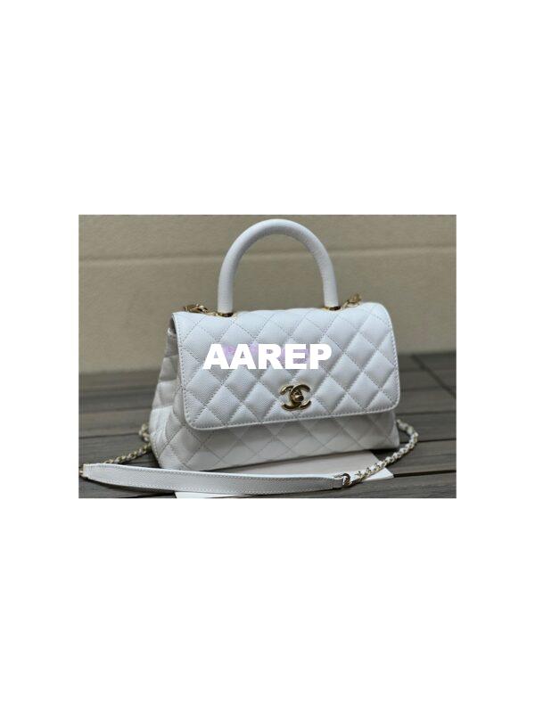 Replica Chanel Coco Handle Bag in Caviar with Edge Stitching 92990 92991 in Light Gold Hardware White 2