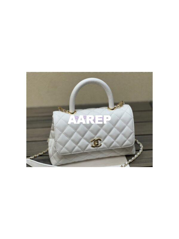 Replica Chanel Coco Handle Bag in Caviar with Edge Stitching 92990 92991 in Light Gold Hardware White 3