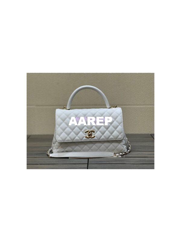 Replica Chanel Coco Handle Bag in Caviar with Edge Stitching 92990 92991 in Light Gold Hardware White 12