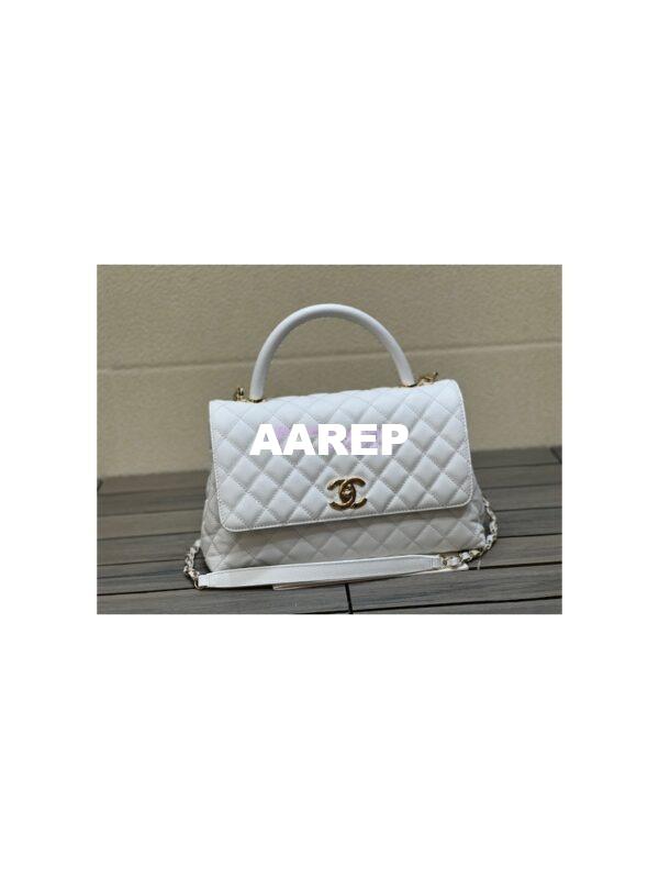 Replica Chanel Coco Handle Bag in Caviar with Edge Stitching 92990 92991 in Light Gold Hardware White 13