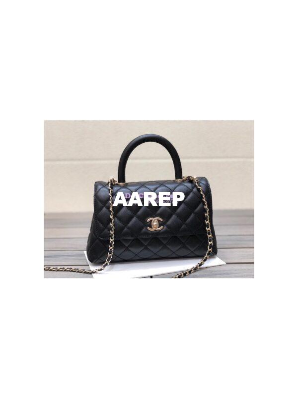 Replica Chanel Coco Handle Bag in Caviar with Edge Stitching 92990 92991 in Light Gold Hardware Black