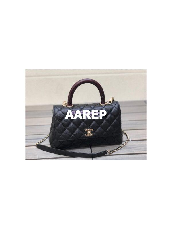 Replica Chanel Coco Handle Bag in Caviar with Edge Stitching 92990 92991 in Light Gold Hardware Black 18