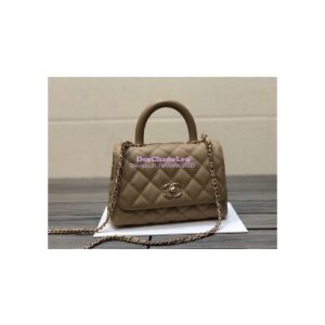 Replica Chanel Mini Coco Handle Bag in Caviar with Edge Stitching AS2215 in Light Gold Hardware Dark Beige
