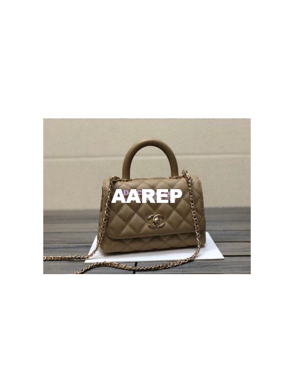 Replica Chanel Mini Coco Handle Bag in Caviar with Edge Stitching AS2215 in Light Gold Hardware Dark Beige 3