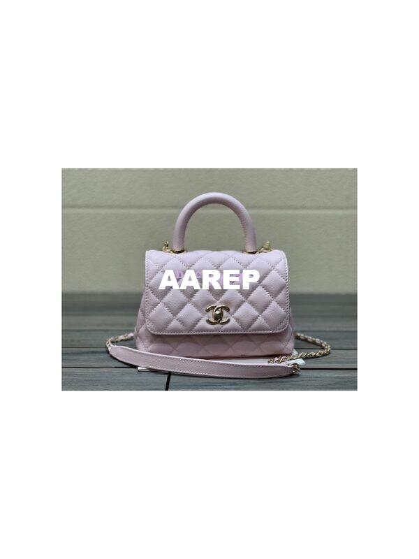 Replica Chanel Mini Coco Handle Bag in Caviar with Edge Stitching AS2215 in Light Gold Hardware Light Pink