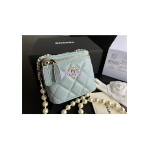Replica Chanel Lambskin Mini Vanity With Pearl Chain AP2581 Light Blue 2