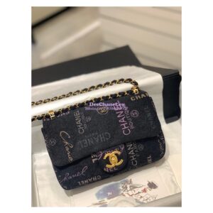 Replica Chanel Small Flap Bag in Printed Denim in Black and Multicolor AS3134
