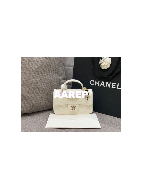 Replica Chanel Limited Edition Lambskin Mini Flap Bag With Top Handle White AS2431 with Charms