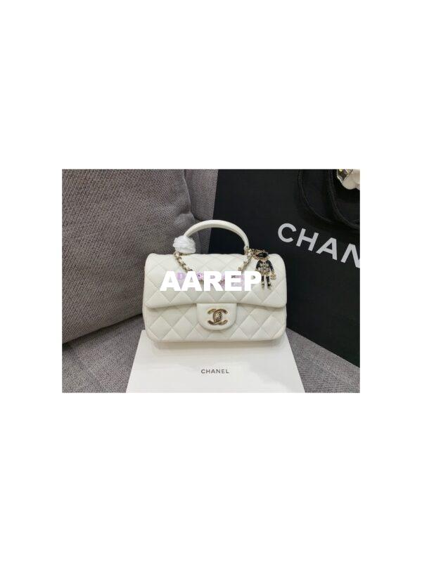 Replica Chanel Limited Edition Lambskin Mini Flap Bag With Top Handle White AS2431 with Charms 2