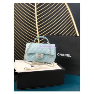 Replica Chanel Lambskin Mini Flap Bag With Top Handle Sky Blue AS2431 with Light Gold Hardware