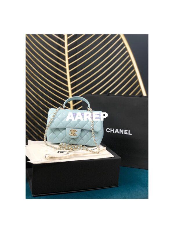 Replica Chanel Lambskin Mini Flap Bag With Top Handle Sky Blue AS2431 with Light Gold Hardware 3