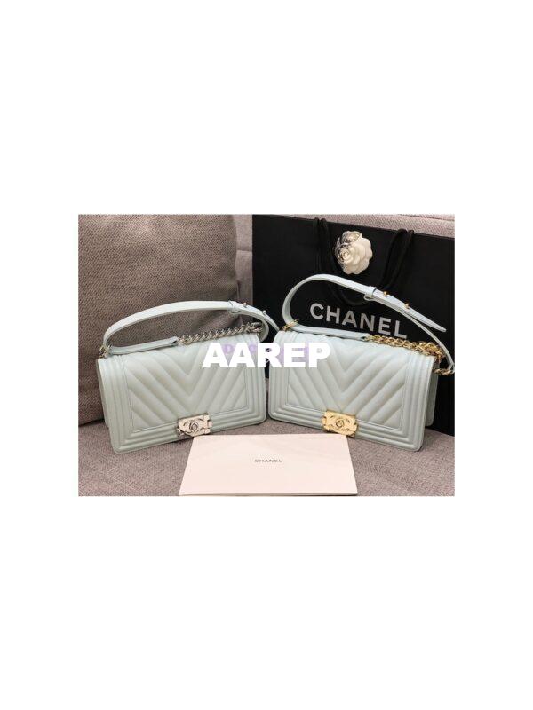 Replica Chanel Medium Boy in Chevron Grained Calfskin with Shining Hardware 67086 Light Blue 3