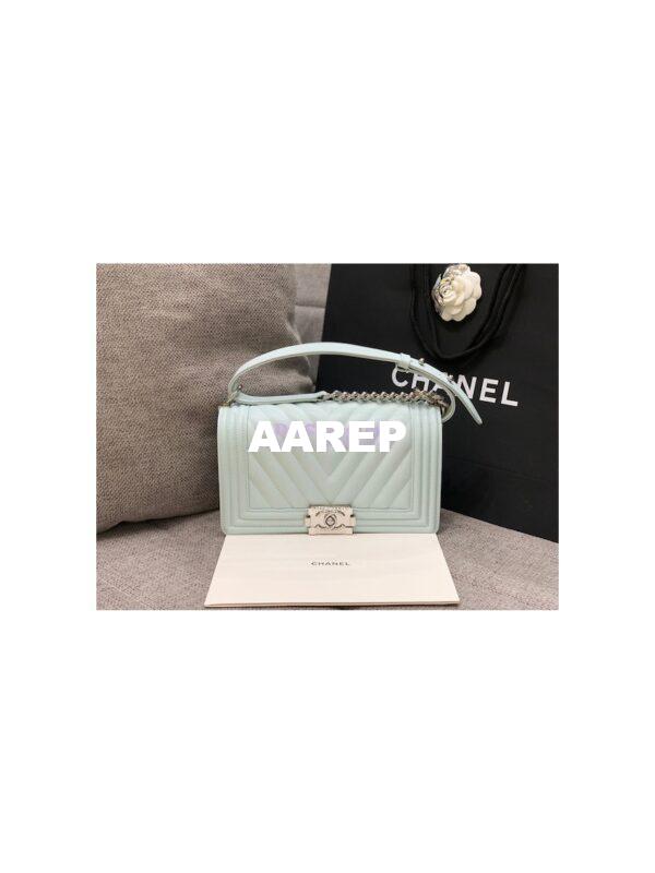 Replica Chanel Medium Boy in Chevron Grained Calfskin with Shining Hardware 67086 Light Blue 4