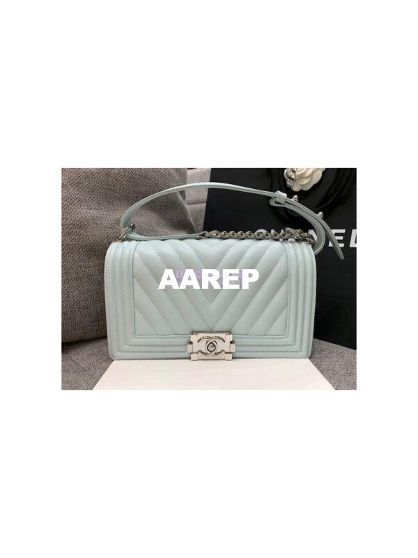 Replica Chanel Medium Boy in Chevron Grained Calfskin with Shining Hardware 67086 Light Blue 5