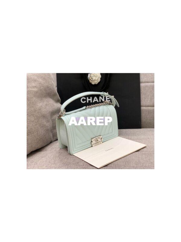 Replica Chanel Medium Boy in Chevron Grained Calfskin with Shining Hardware 67086 Light Blue 6