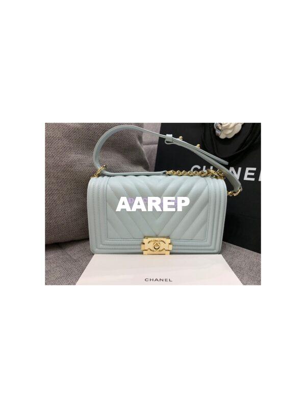 Replica Chanel Medium Boy in Chevron Grained Calfskin with Shining Hardware 67086 Light Blue 13