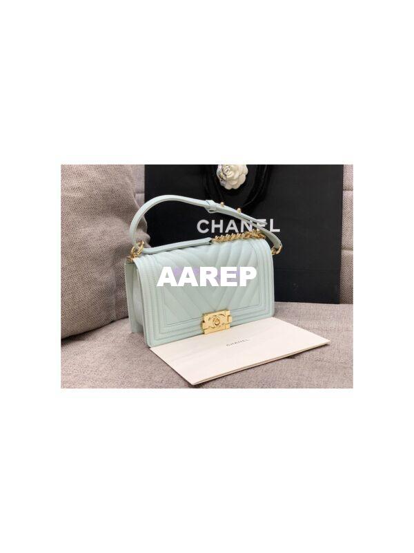 Replica Chanel Medium Boy in Chevron Grained Calfskin with Shining Hardware 67086 Light Blue 14
