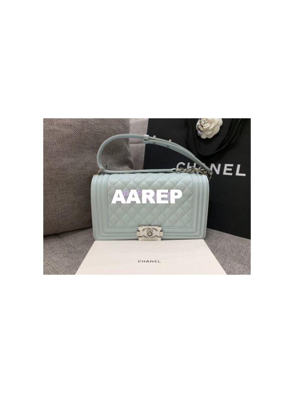 Replica Chanel Medium Boy Handbag in Grained Calfskin with Shining Hardware 67086 Light Blue 12