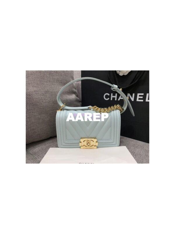 Replica Chanel Small Boy in Chevron Grained Calfskin with Shining Hardware 67085 Light Blue 5