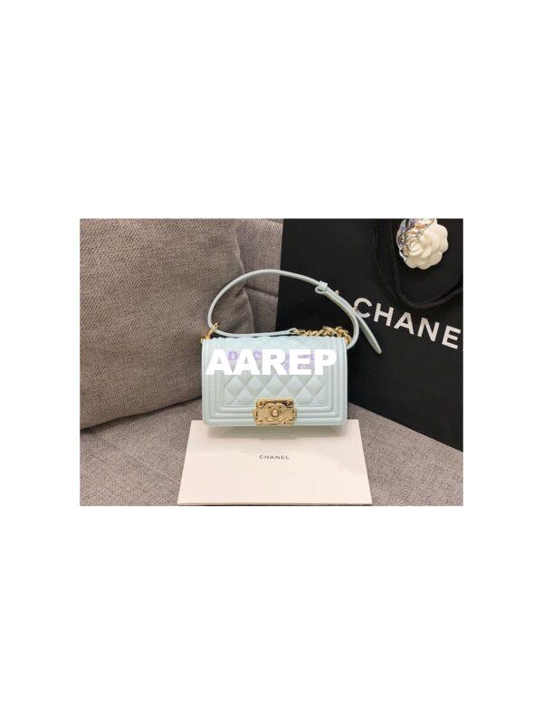 Replica Chanel Small Boy Handbag in Grained Calfskin with Shining Gold Hardware 67085 Light Blue