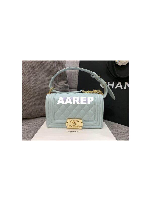 Replica Chanel Small Boy Handbag in Grained Calfskin with Shining Gold Hardware 67085 Light Blue 2
