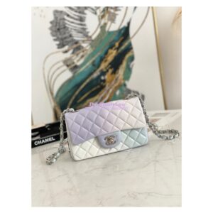 Replica Chanel Small Classic Flap CF Bag Perforated Lambskin Light Blue Light Purple & White
