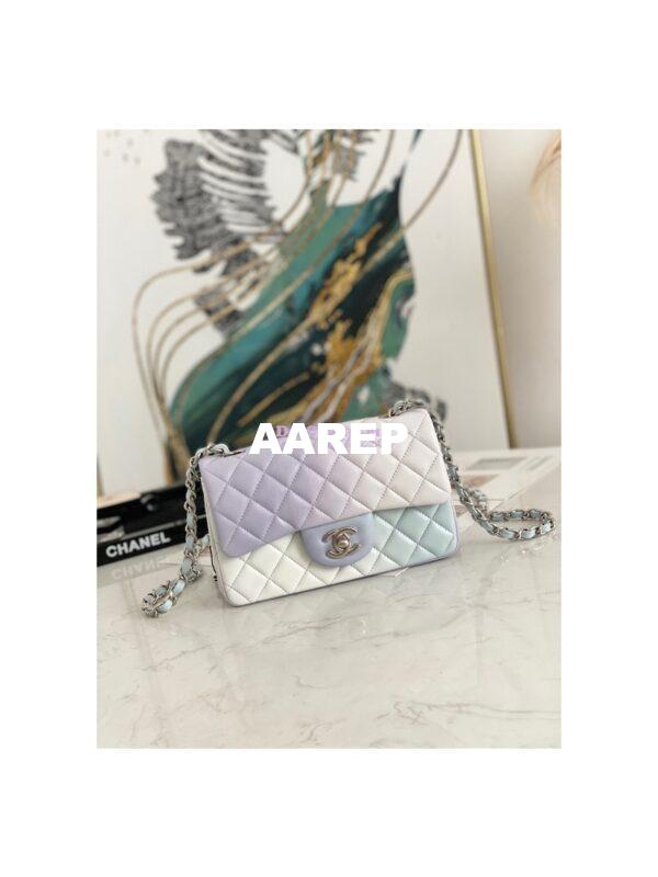 Replica Chanel Small Classic Flap CF Bag Perforated Lambskin Light Blue Light Purple & White 3