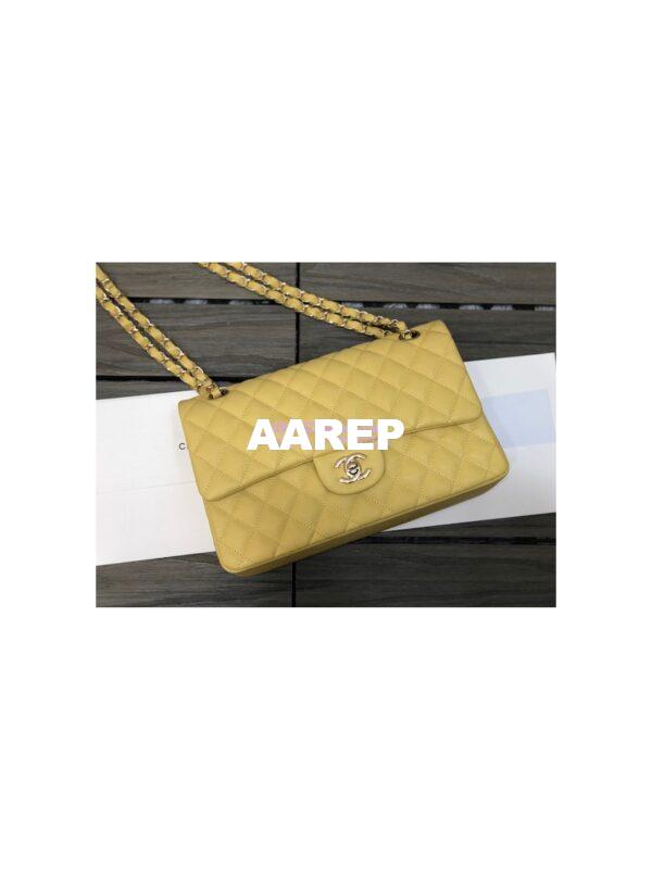 Replica Chanel Medium Classic Double Flap Bag Quilted Caviar Light Gold Hardware Yellow 3