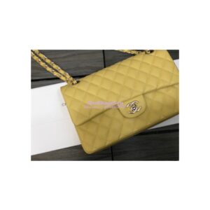 Replica Chanel Medium Classic Double Flap Bag Quilted Caviar Light Gold Hardware Yellow 2