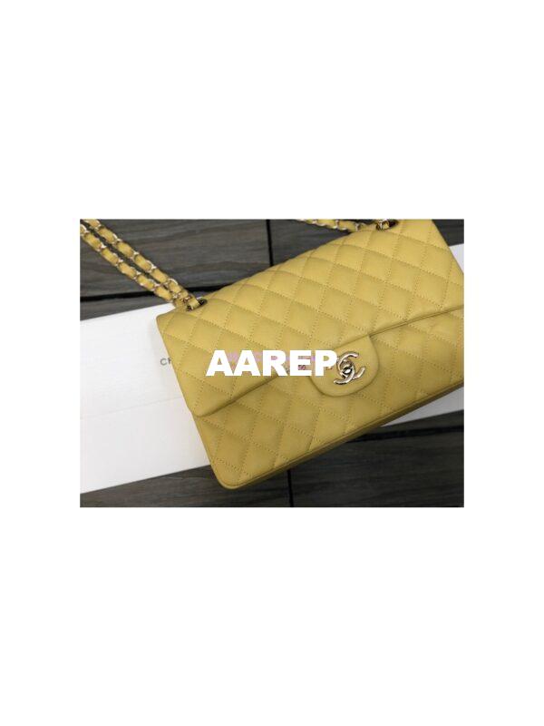 Replica Chanel Medium Classic Double Flap Bag Quilted Caviar Light Gold Hardware Yellow 4