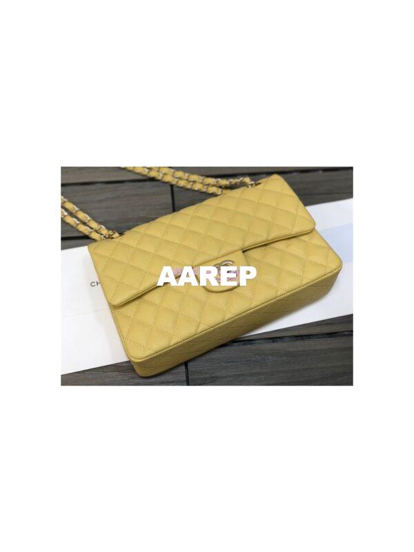 Replica Chanel Medium Classic Double Flap Bag Quilted Caviar Light Gold Hardware Yellow 5