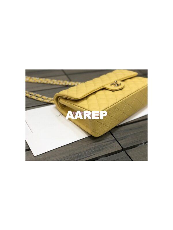 Replica Chanel Medium Classic Double Flap Bag Quilted Caviar Light Gold Hardware Yellow 6