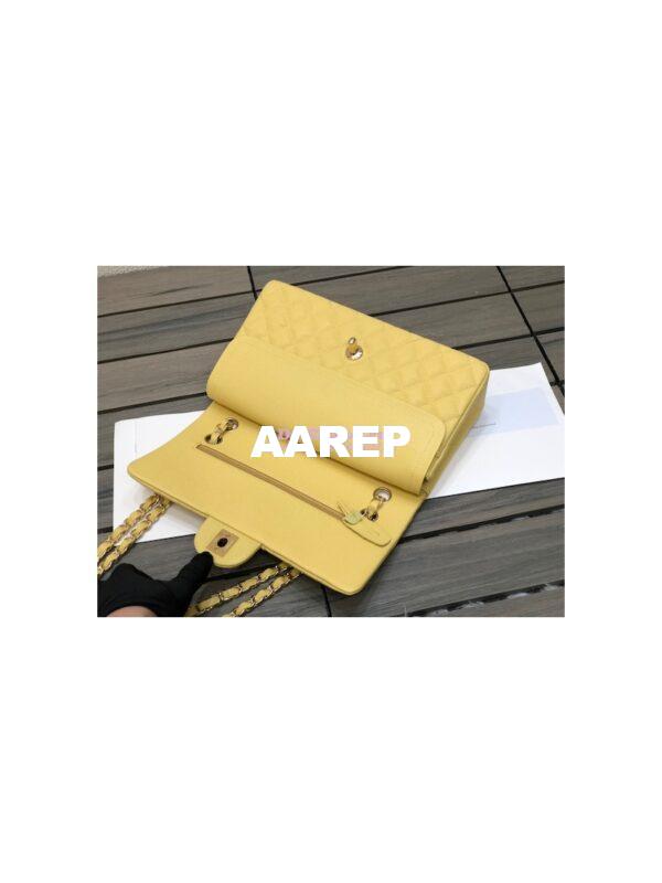 Replica Chanel Medium Classic Double Flap Bag Quilted Caviar Light Gold Hardware Yellow 9