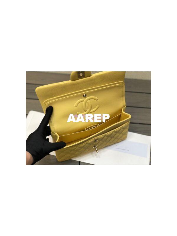 Replica Chanel Medium Classic Double Flap Bag Quilted Caviar Light Gold Hardware Yellow 12