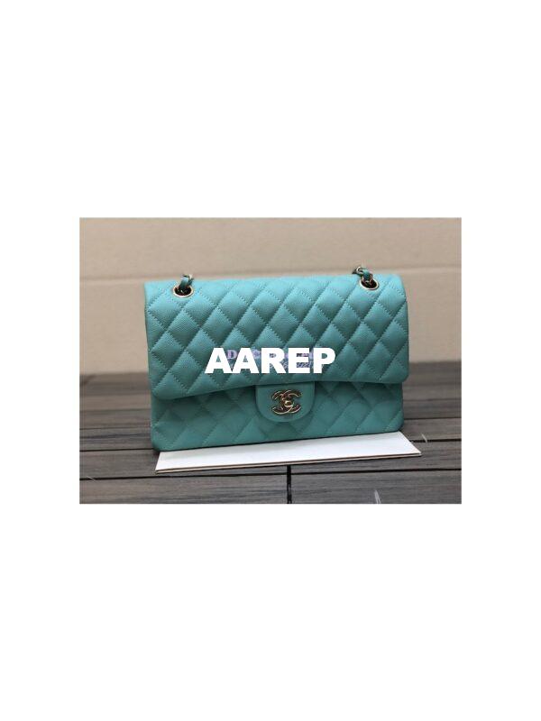 Replica Chanel Medium Classic Double Flap Bag Quilted Caviar Light Gold Hardware Tiffany Blue 3
