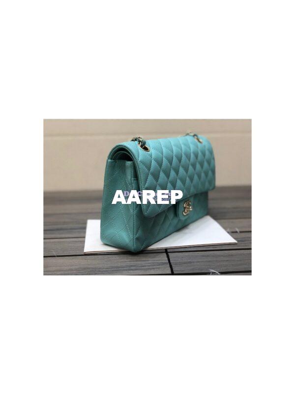 Replica Chanel Medium Classic Double Flap Bag Quilted Caviar Light Gold Hardware Tiffany Blue 4