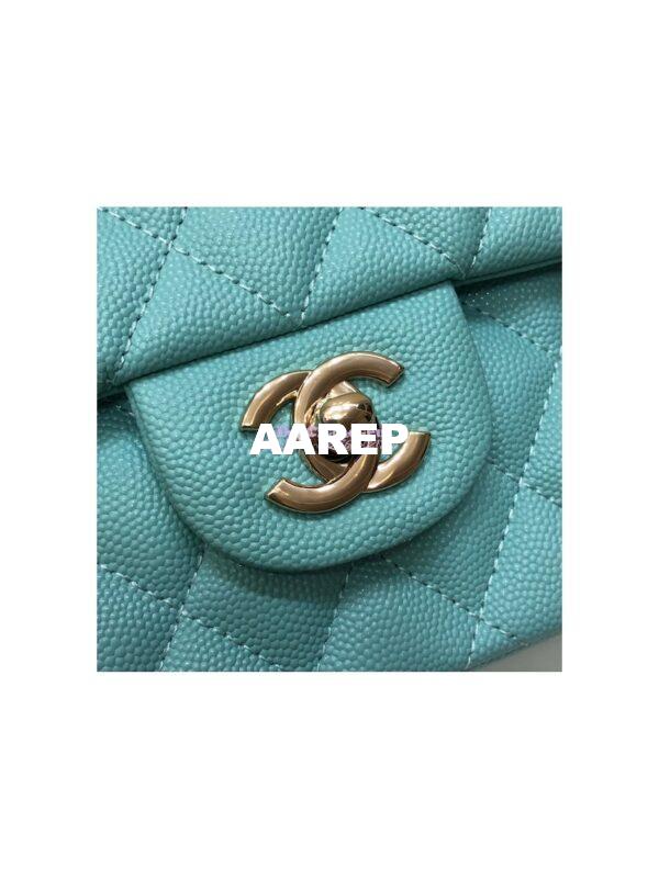 Replica Chanel Medium Classic Double Flap Bag Quilted Caviar Light Gold Hardware Tiffany Blue 5